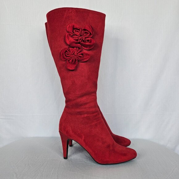 Red Velour Knee-High Women's Boots with Rose/Flower Accents, Size 6M - Picture 7 of 16